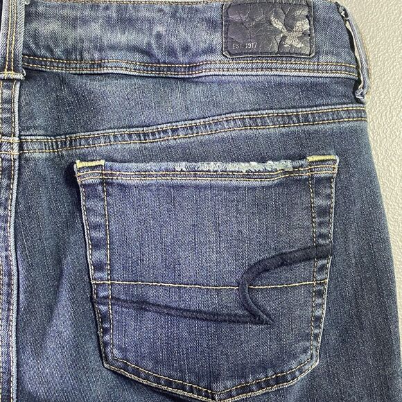 AMERICAN EAGLE Kick Boot Jeans Super Stretch Flare Low Embroidered Womens 8 Blue - Picture 4 of 11